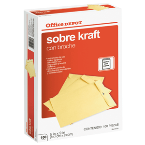 SOBRE OFFICE DEPOT CON BROCHE  METALICO MED. CARTA 100U
