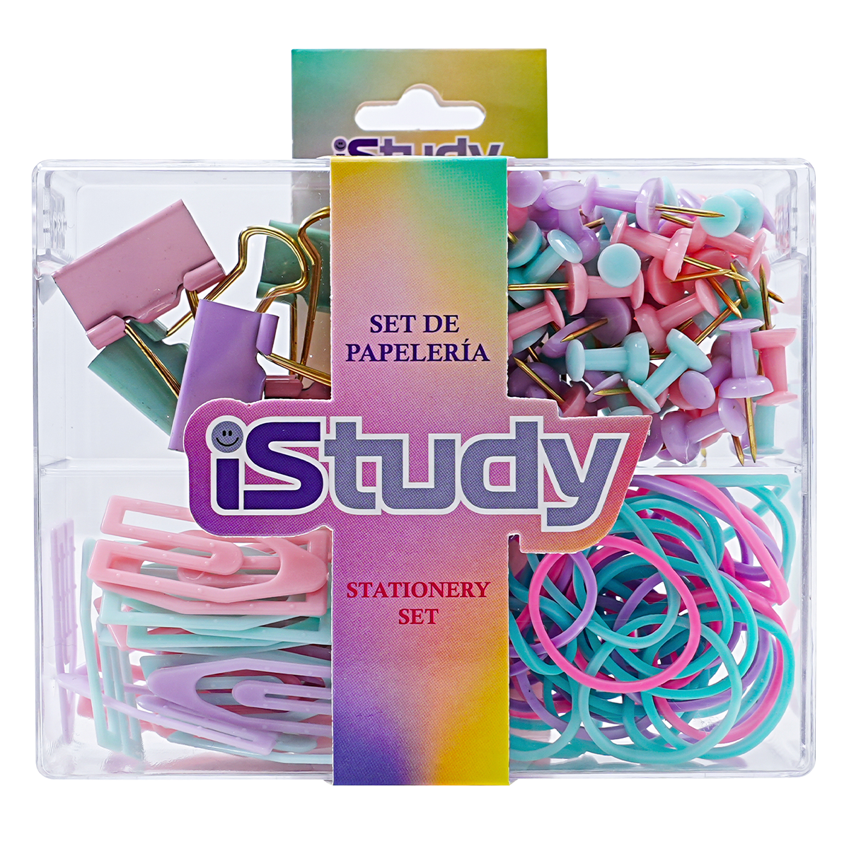 SET DE ESCRITORIO ISTUDY COLORES PASTEL (INCLUYE: 30 CLIPS + 5 GANCHOS + 50 HULES + 80 TACHUELAS)