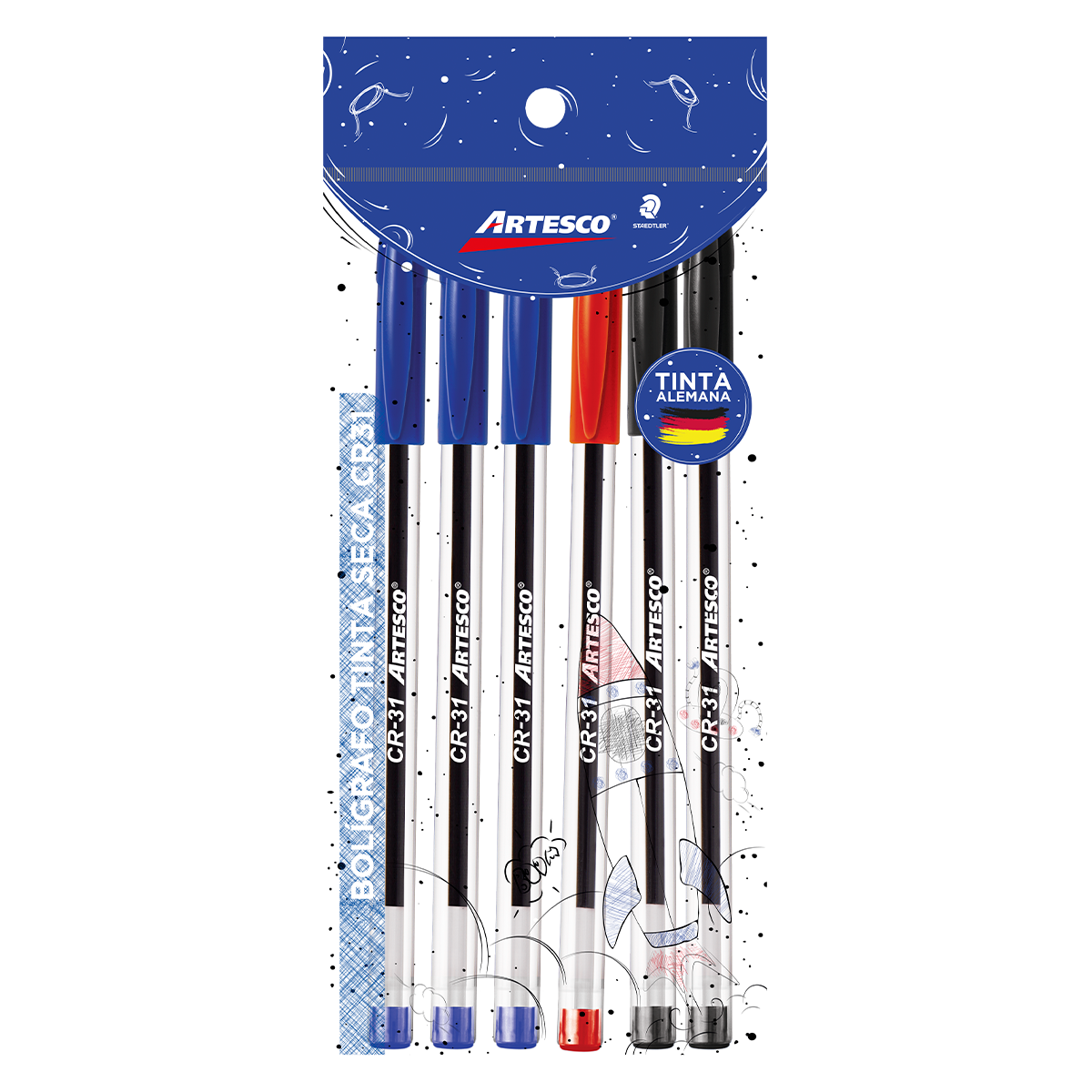 BOLIGRAFO ARTESCO HEXAGONAL CR31 TINTA COLORES SURTIDOS 6U