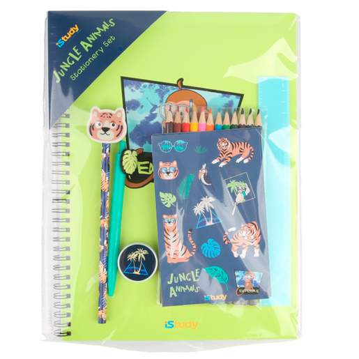 SET ESCOLAR ISTUDY JUNGLE (INCLUYE CUADERNO, LAPICERO, LAPICES DE COLOR, BORRADOR, REGLA, STICKERS)