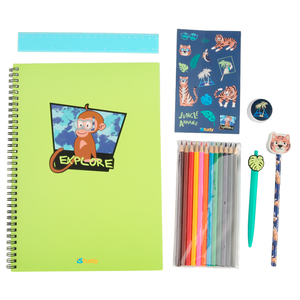 SET ESCOLAR ISTUDY JUNGLE (INCLUYE CUADERNO, LAPICERO, LAPICES DE COLOR, BORRADOR, REGLA, STICKERS)