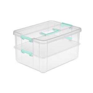 CAJA APILABLE 2 BANDEJAS TRANSPARENTE TAPA Y AGARRADOR TURQUESA CAJA APILABLE 2 BANDEJAS TRANSPARENTE TAPA Y AGARRADOR TURQUESA