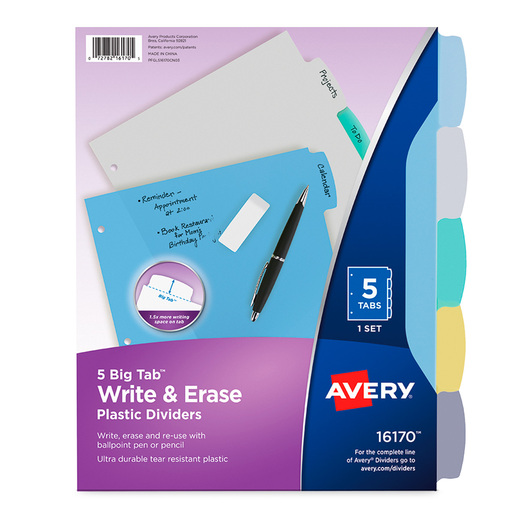 SEPARADOR BORRABLE DE PLÁSTICO, 5 PESTAÑAS MULTICOLOR, 1 JUEGO.