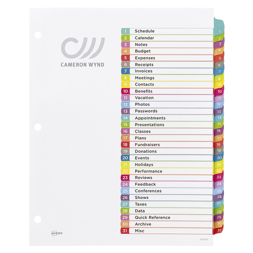 SEPARADOR PREDISEÑADO CON PESTAÑAS MULTICOLOR 1-31