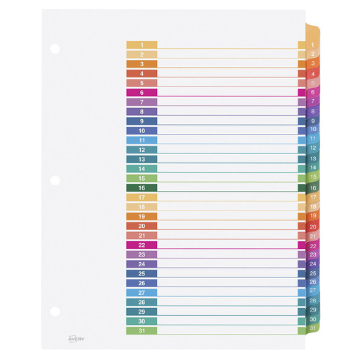 SEPARADOR PREDISEÑADO CON PESTAÑAS MULTICOLOR 1-31