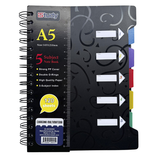 CUADERNO ESPIRAL ISTUDY A5 MULTIMATERIAS 5 DIVISIONES 70G COLORES SURTIDOS