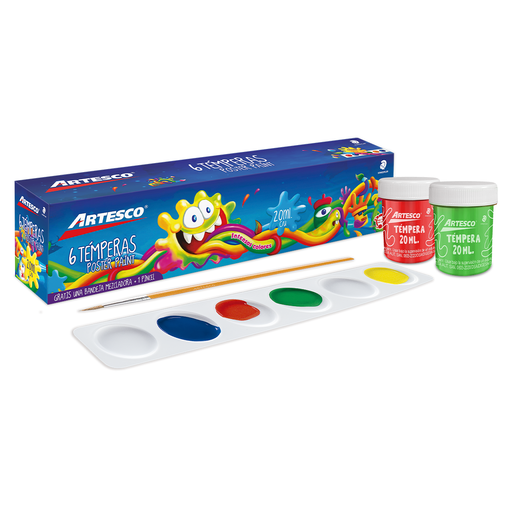 TEMPERAS ARTESCO DE 20 ML 8U (6 COLORES BASICOS + PALETA MEZCLADORA + PINCEL)